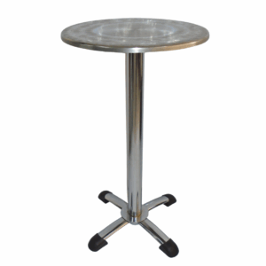 Mesa coctelera base pata chao croma con tapa redonda en acero