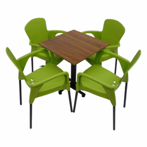 Sillas Eva con brazo y mesa base cruceta en madera de 60x60