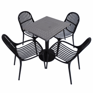 Sillas Alteza con mesa base disco tapa en acero de 60x55