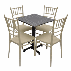 Sillas Tifany E5 con mesa base cruceta en tapa acero de 60x55